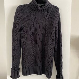 Lands' End Turtleneck Sweater black cable knit cotton fisherman
